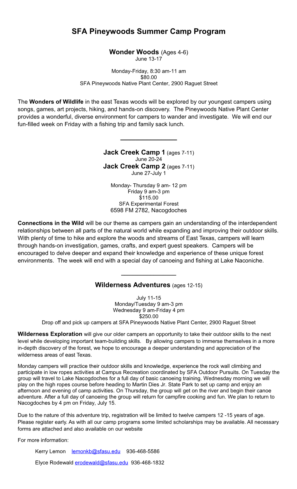 SFA Pineywoods Summer Camp Program