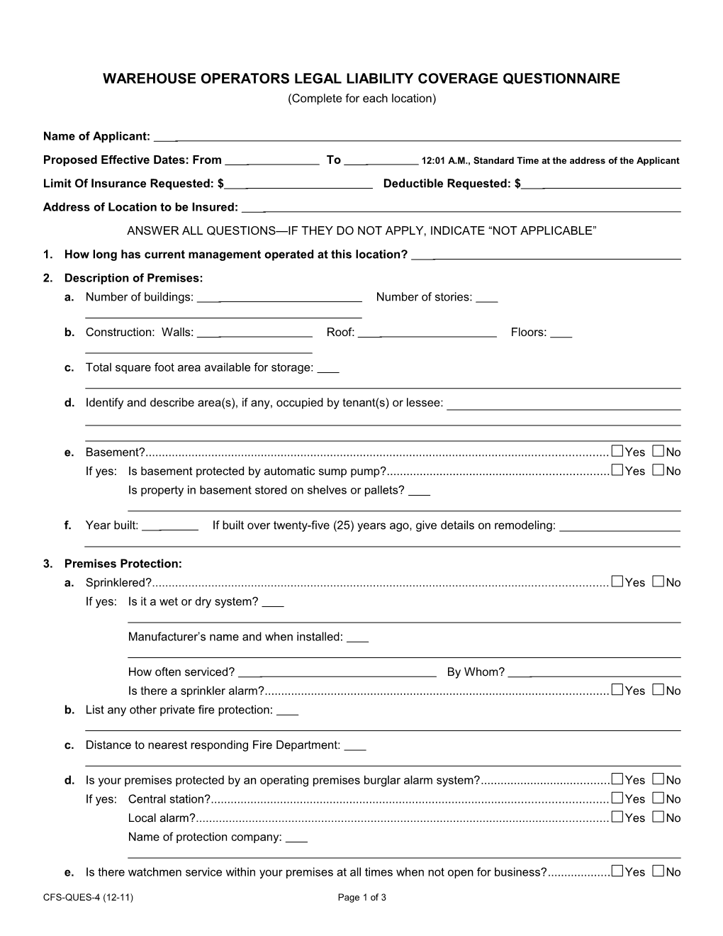 Warehouse Operators Legal Liability Coverage Questionnaire