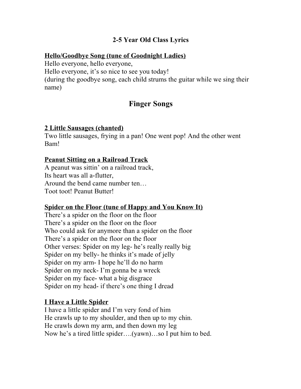 2-5 Year Old Class Lyrics