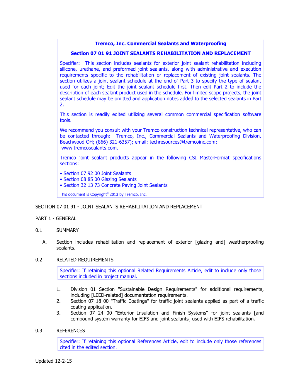 Section 070191 JOINT SEALANTS REHABILITATION and REPLACEMENT