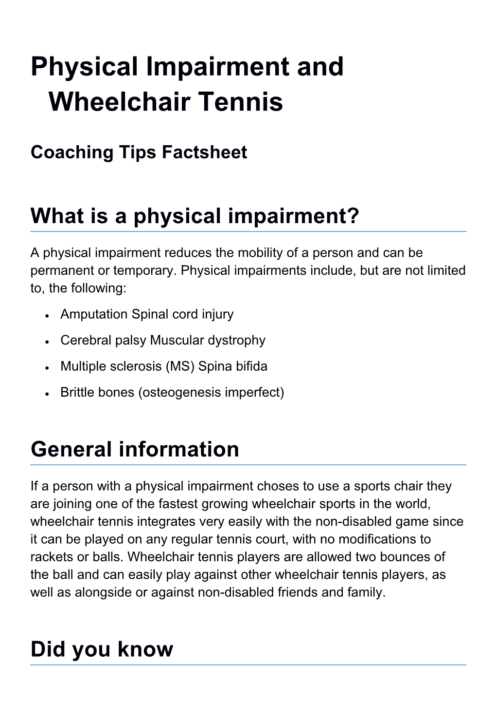 Physical Impairment and Wheelchair Tennis