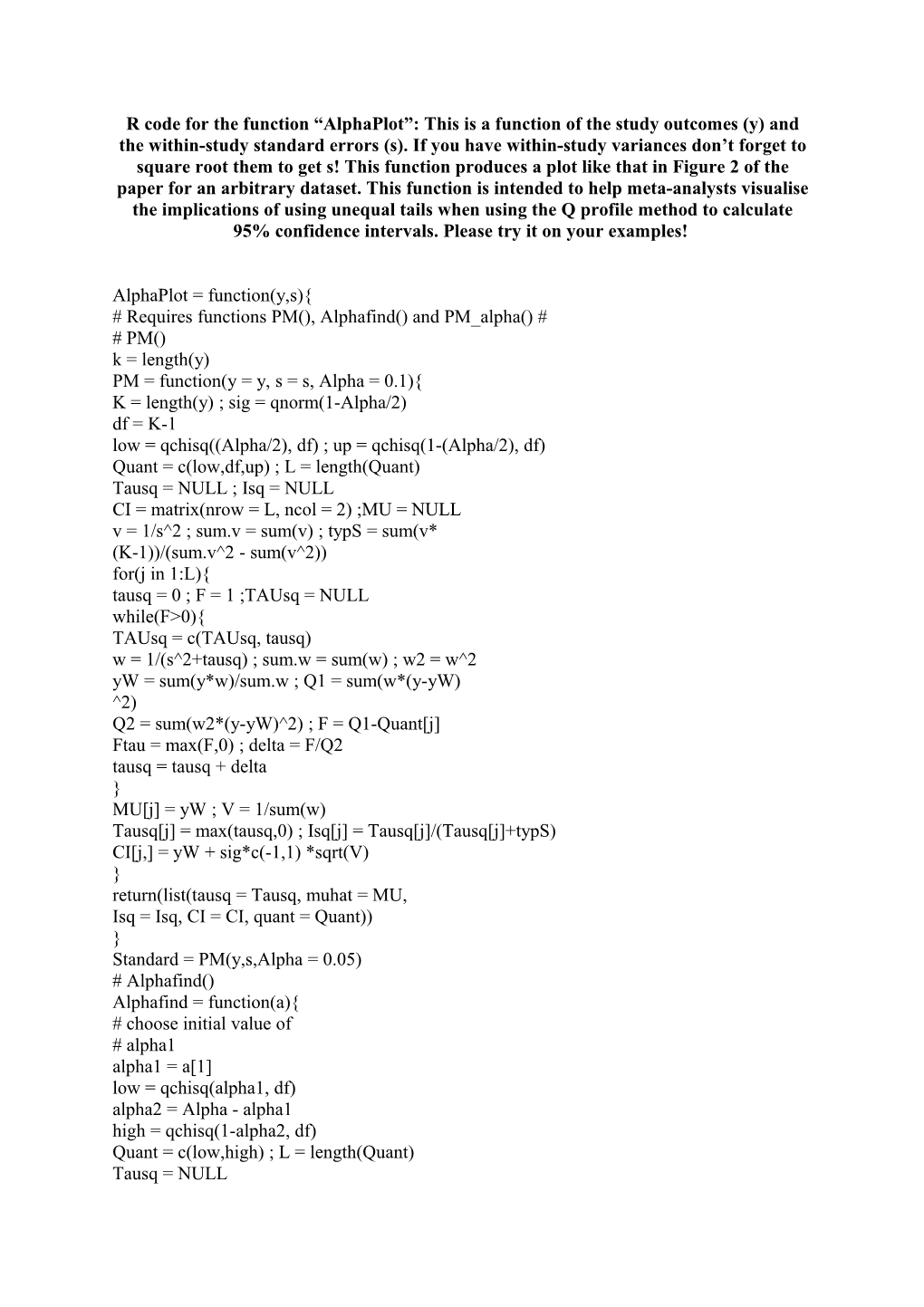 R Code for the Function Alphaplot : This Is a Function of the Study Outcomes (Y) and The